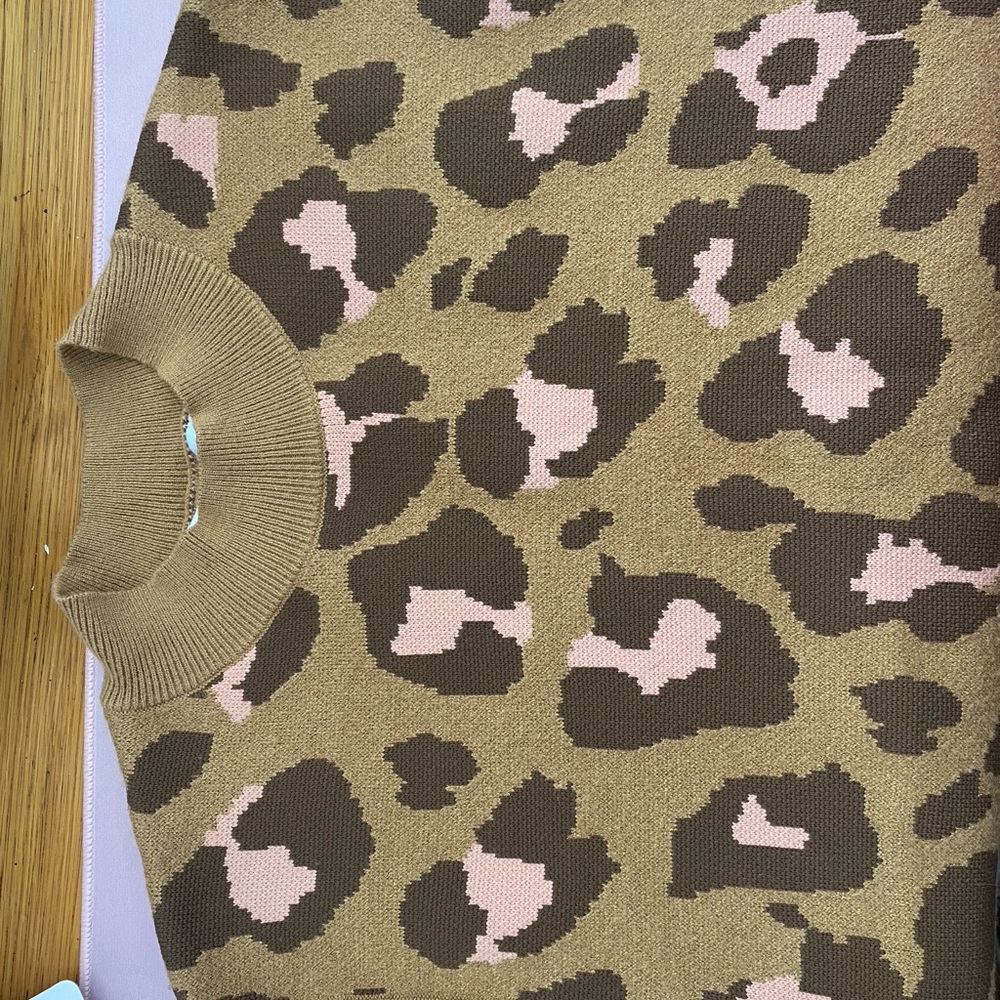 Brown and Pink Crew Neck Sweater with Leopard Print
